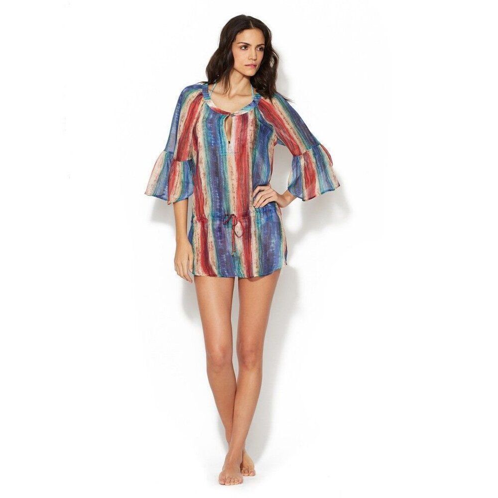 Vix Multicolor Vertical Stripe Bell-Sleeve Swim Coverup